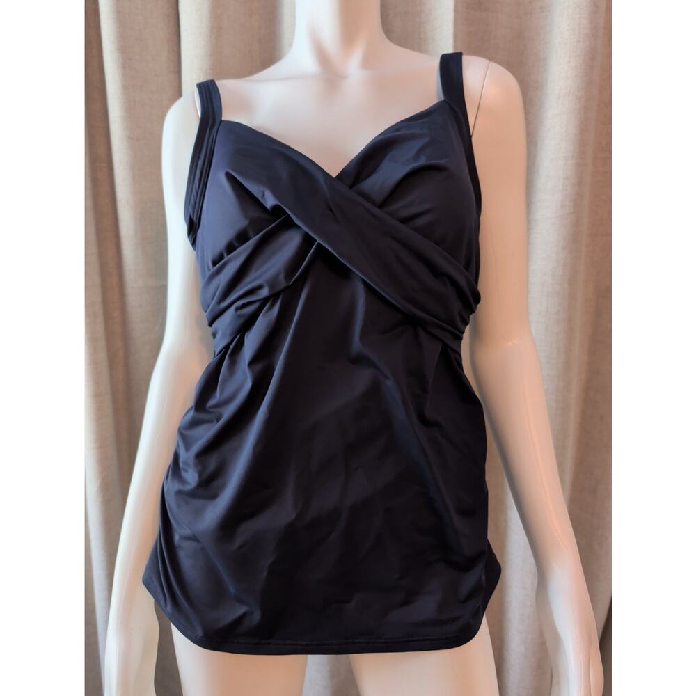 Lands End Black Tankini Top Navy 14 Underwire Bra Cross Front Adjustable Straps